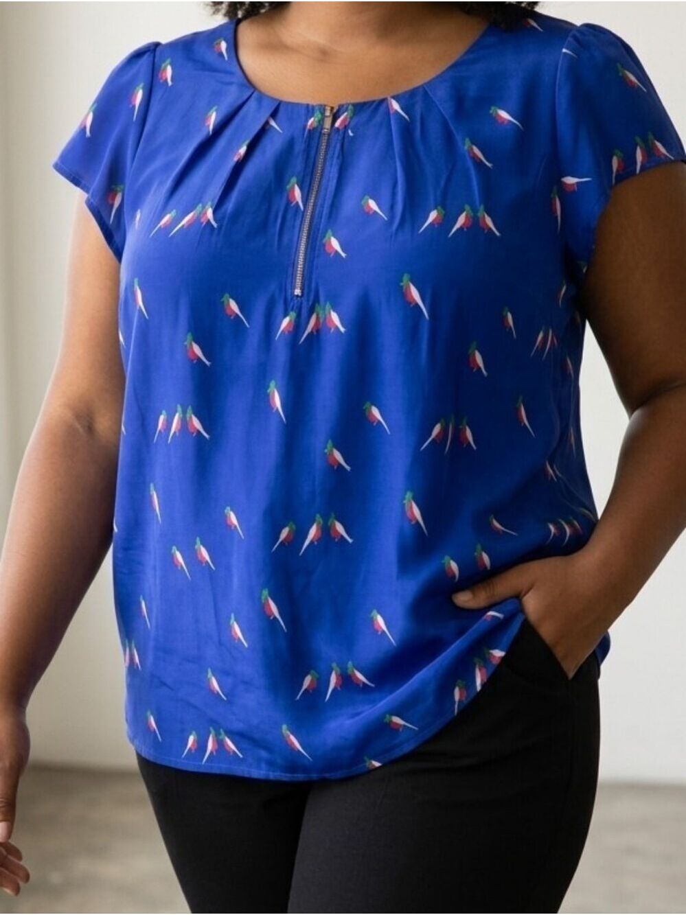 Sunny Girl Royal Blue Bird-Print Cap Sleeve Blouse 1X